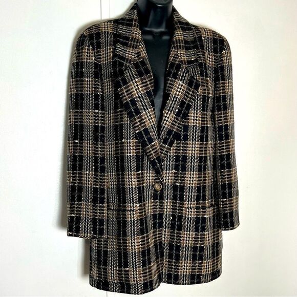 Vintage Plaid Wool Blazer longline Classic Jaeger Relaxed Brown Black Tweed 8 - Picture 1 of 15